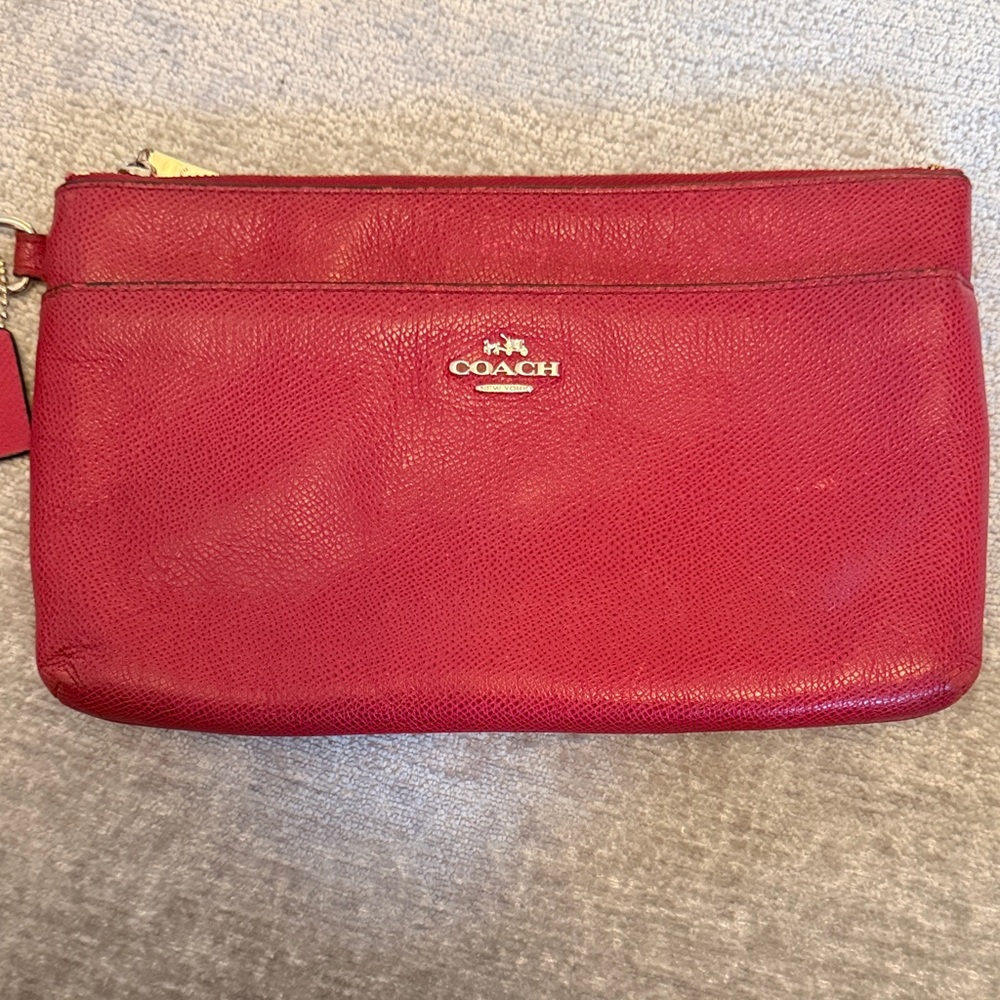 Coach Large Corner Zip Wristlet Red Crossgrain Leather Clutch